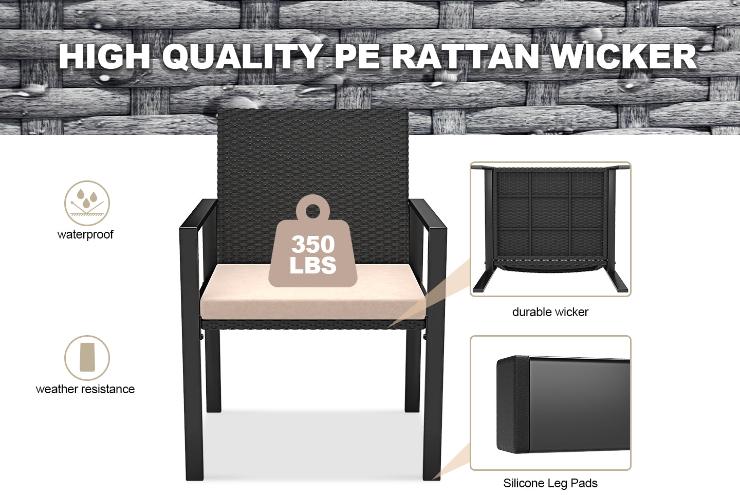 4 Pieces Garden Furniture Rattan Patio Set with 2 Armchairs, 1 Double Seat Sofa and 1 Table