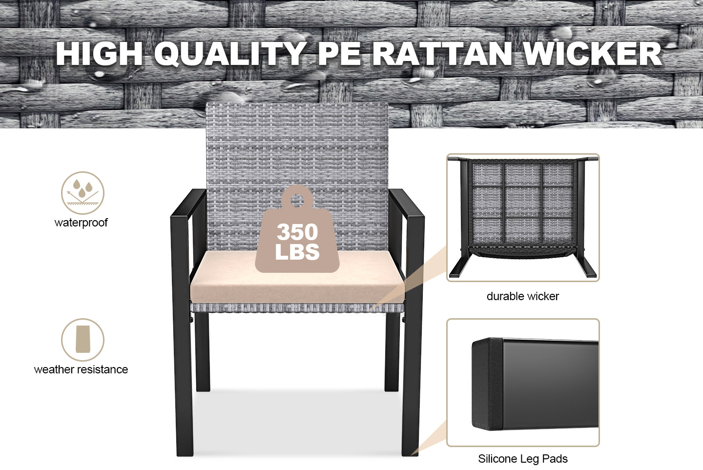 4 Pieces Garden Furniture Rattan Patio Set with 2 Armchairs, 1 Double Seat Sofa and 1 Table