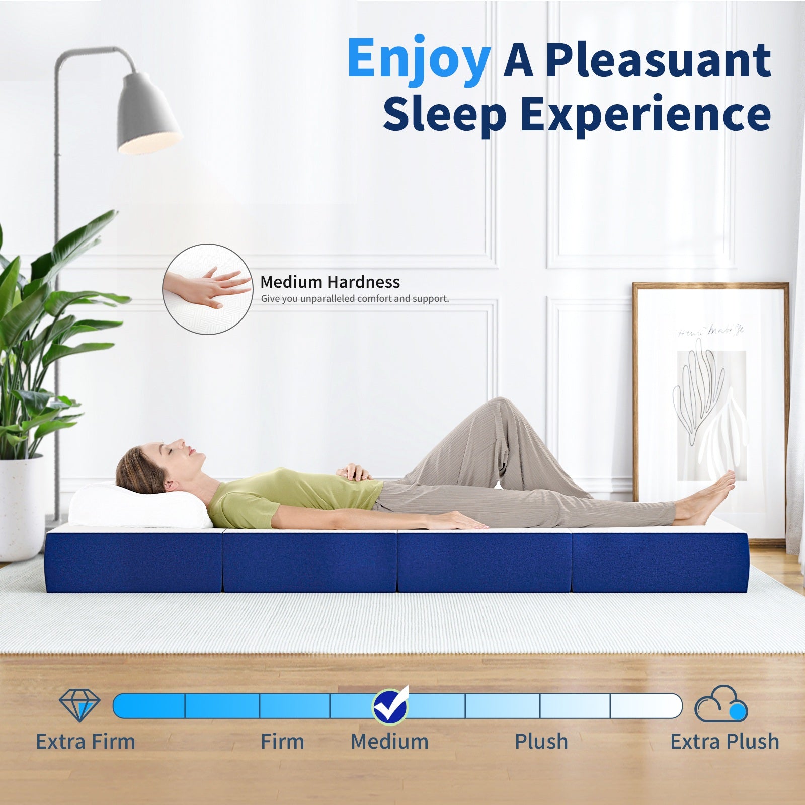 4-Fold Memory Foam Mattress Folding Futon Mattresses with Washable Cover, Blue+White