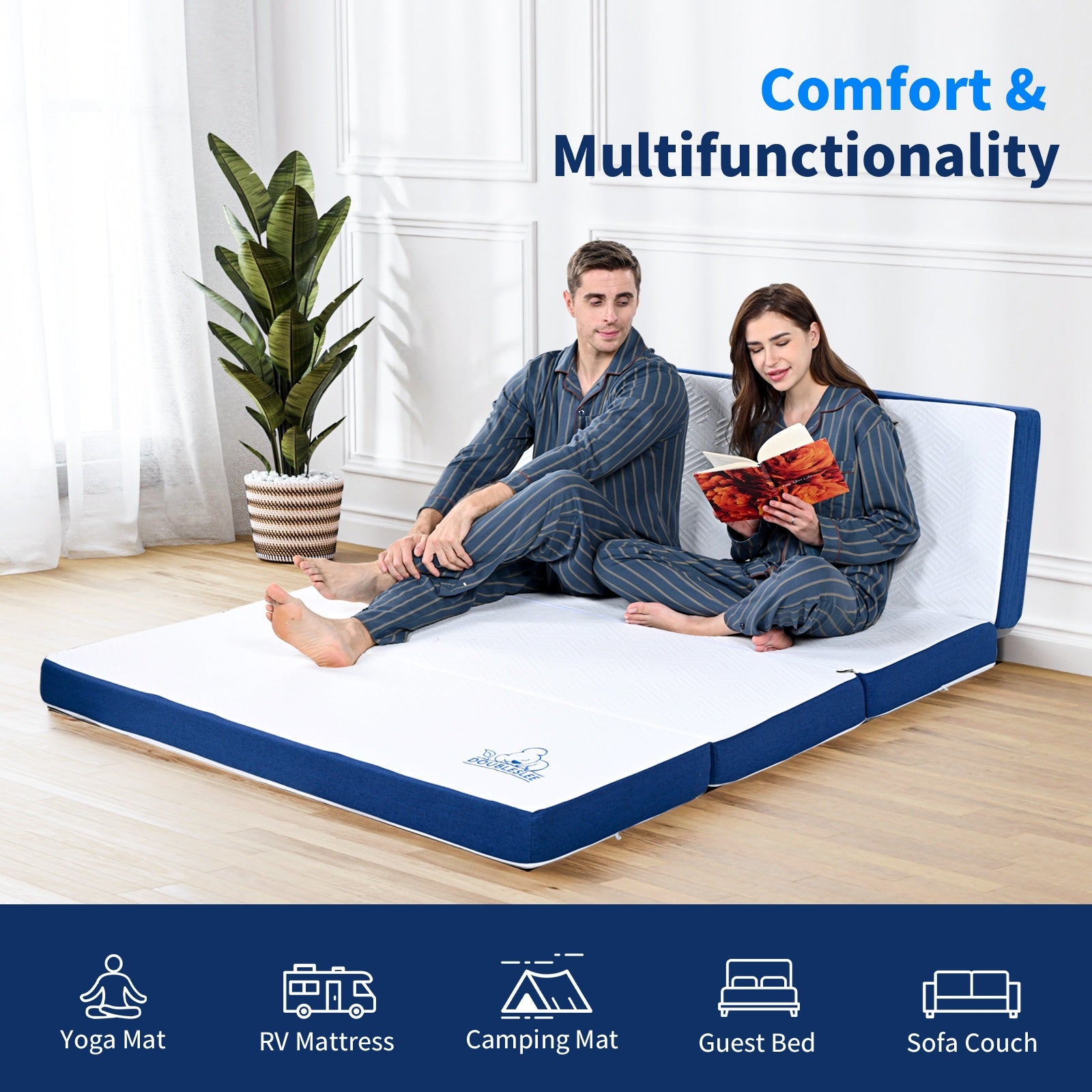 4-Fold Memory Foam Mattress Folding Futon Mattresses with Washable Cover, Blue+White