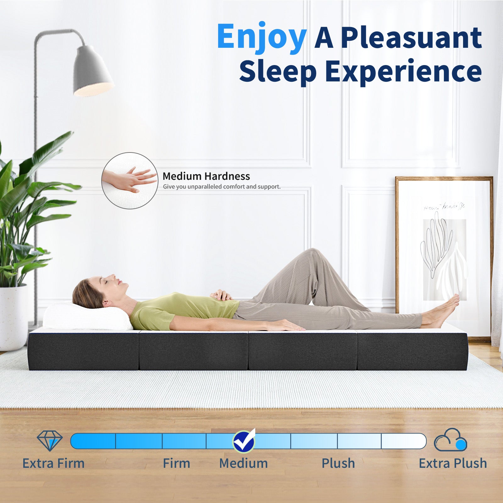 Folding Floor Mattress 4 Fold Memory Foam Mattress Futon Bed with Removable Cover, Grey+White