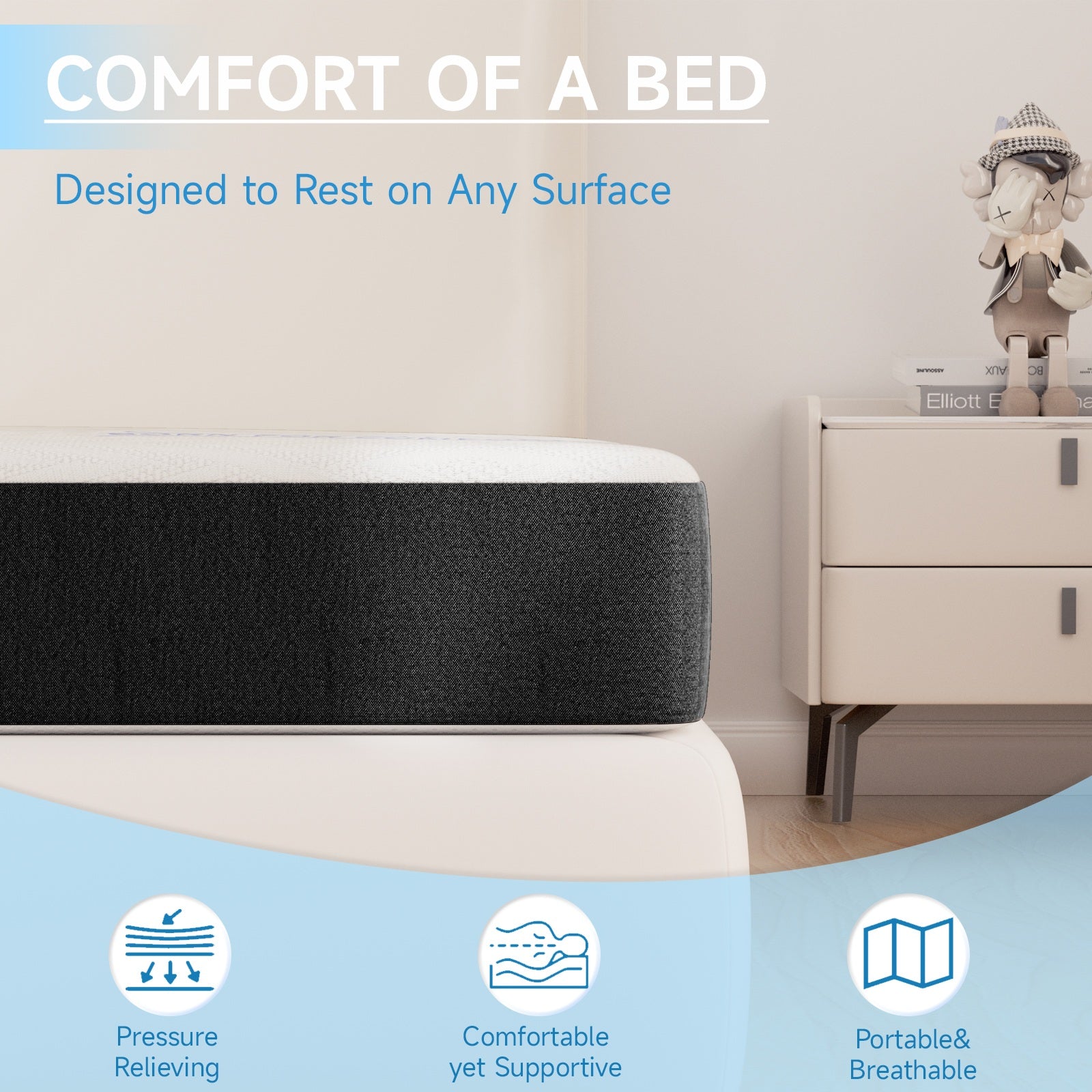 Folding Floor Mattress 4 Fold Memory Foam Mattress Futon Bed with Removable Cover, Grey+White