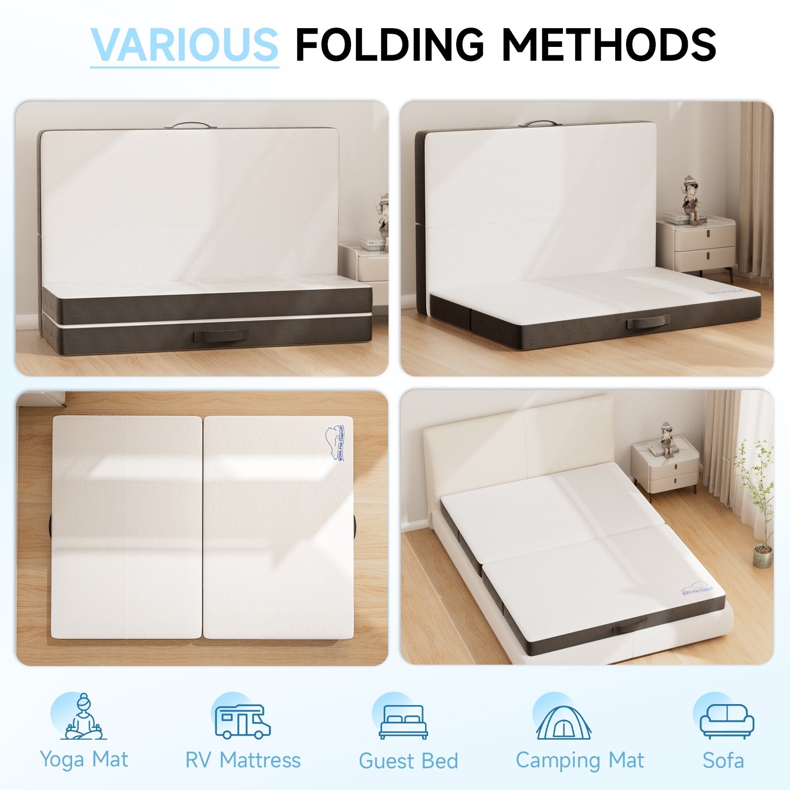 Folding Floor Mattress 4 Fold Memory Foam Mattress Futon Bed with Removable Cover, Grey+White
