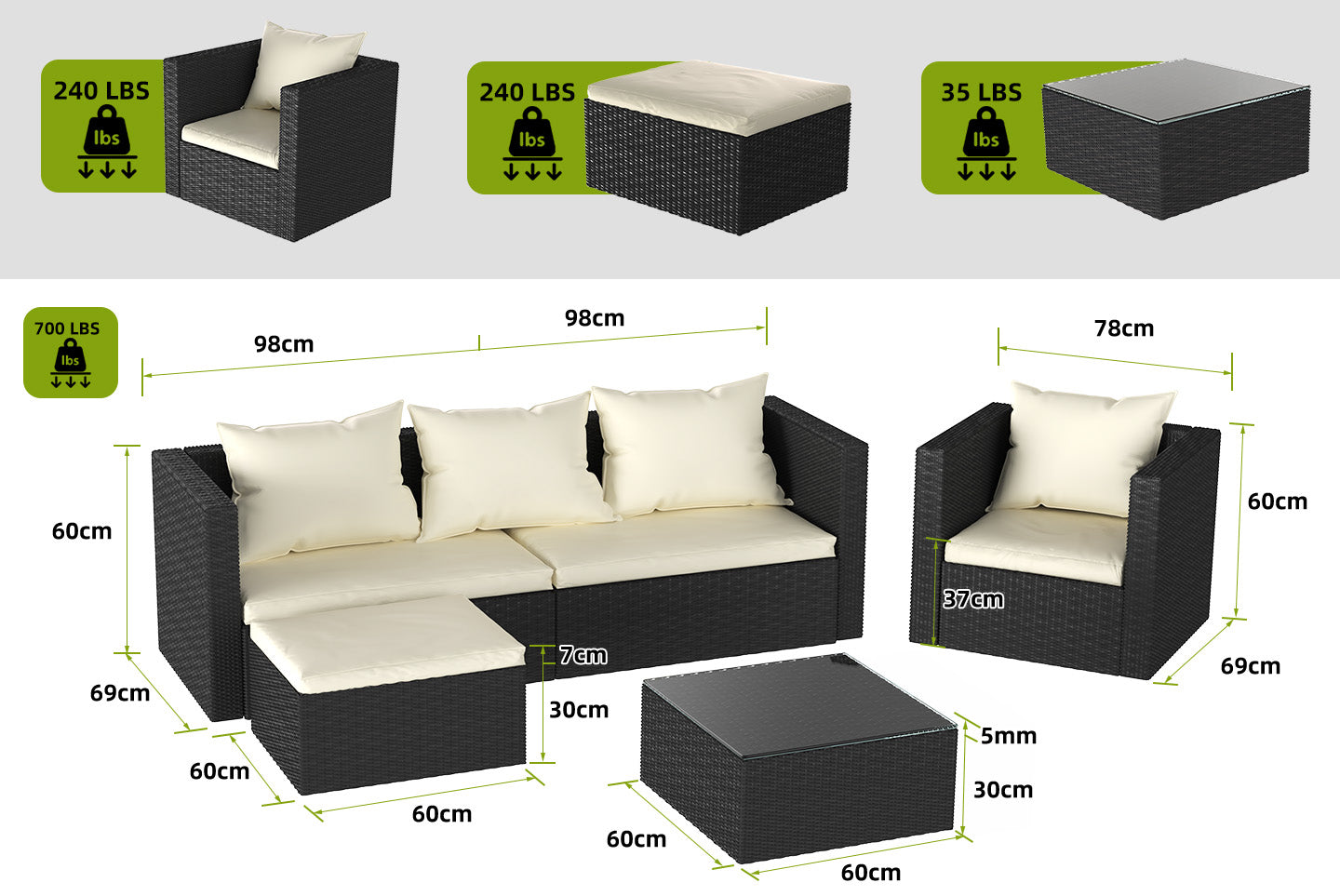 Garden Furniture Rattan Modular Corner Sofa Set 5 Seats  (2025 New Version)