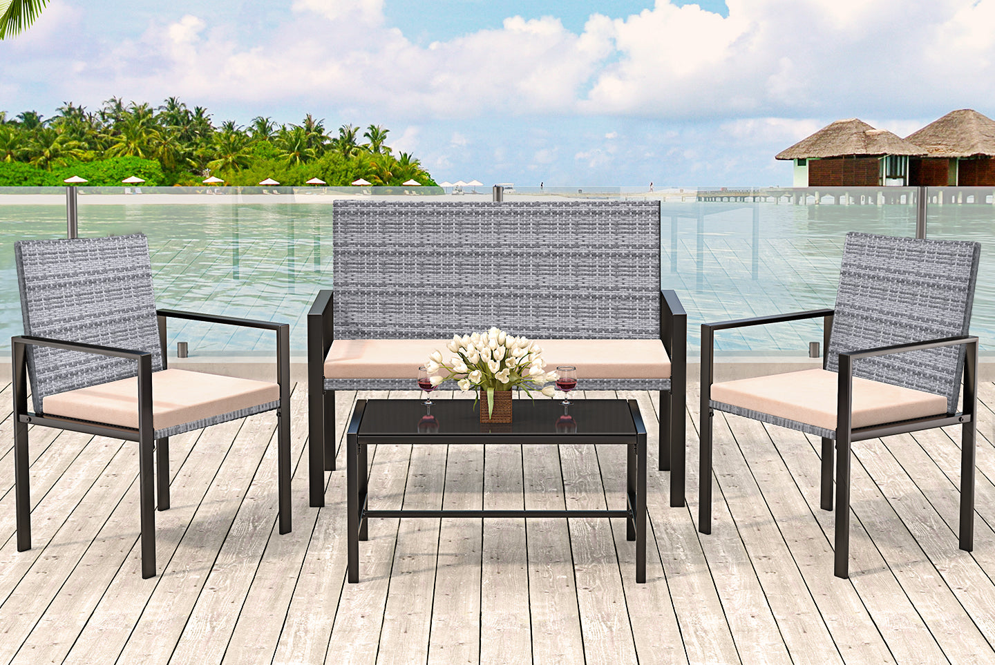4 Pieces Garden Furniture Rattan Patio Set with 2 Armchairs, 1 Double Seat Sofa and 1 Table
