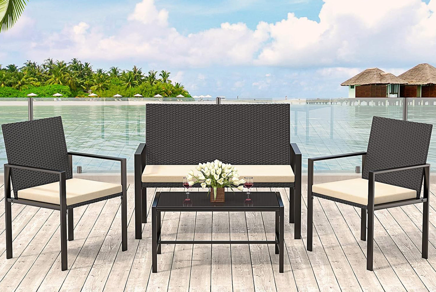 4 Pieces Garden Furniture Rattan Patio Set with 2 Armchairs, 1 Double Seat Sofa and 1 Table