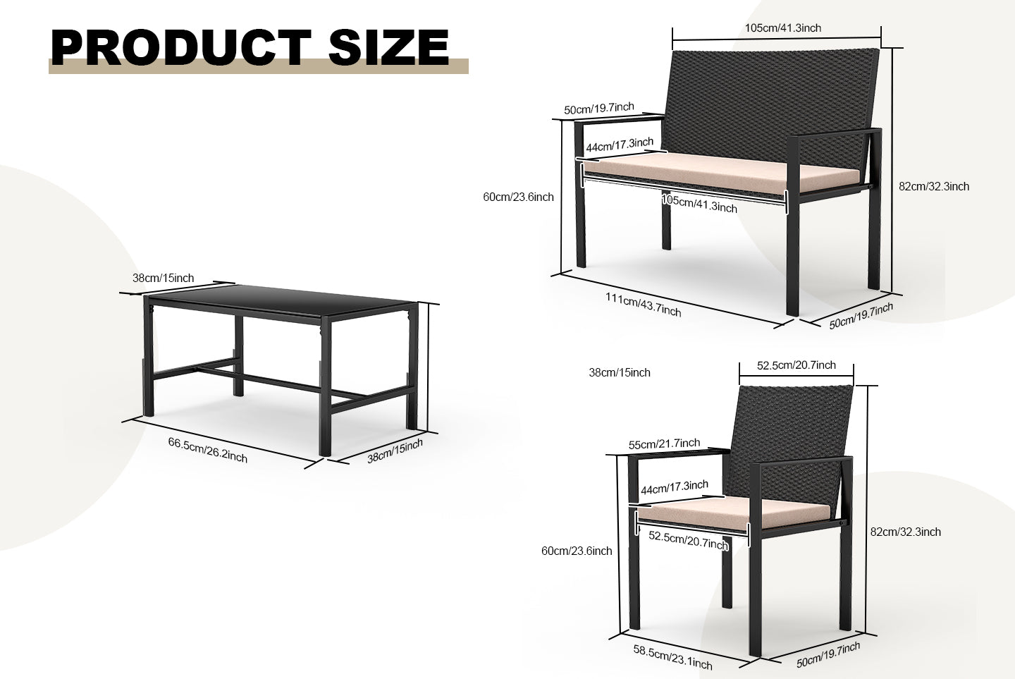 4 Pieces Garden Furniture Rattan Patio Set with 2 Armchairs, 1 Double Seat Sofa and 1 Table