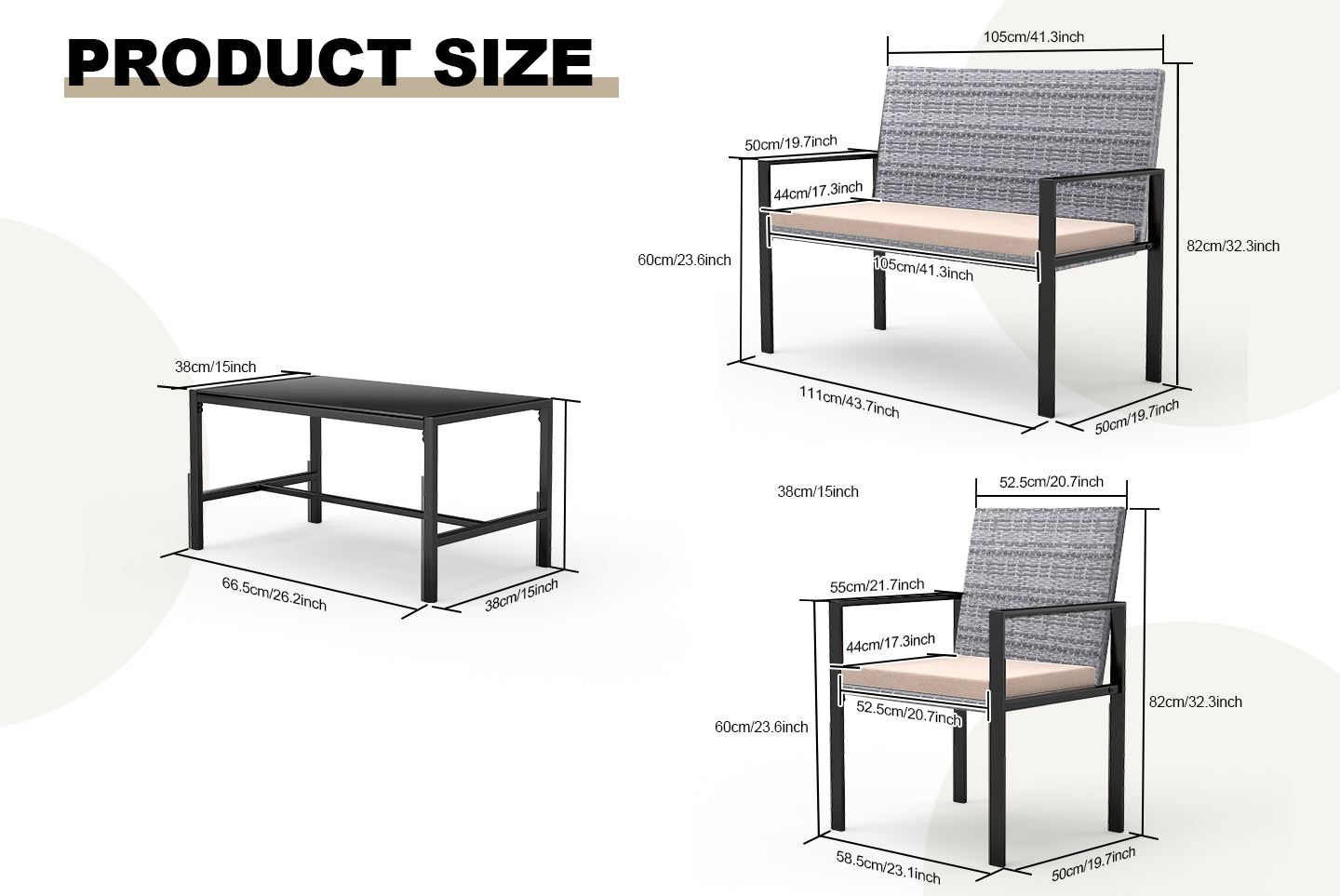 4 Pieces Garden Furniture Rattan Patio Set with 2 Armchairs, 1 Double Seat Sofa and 1 Table