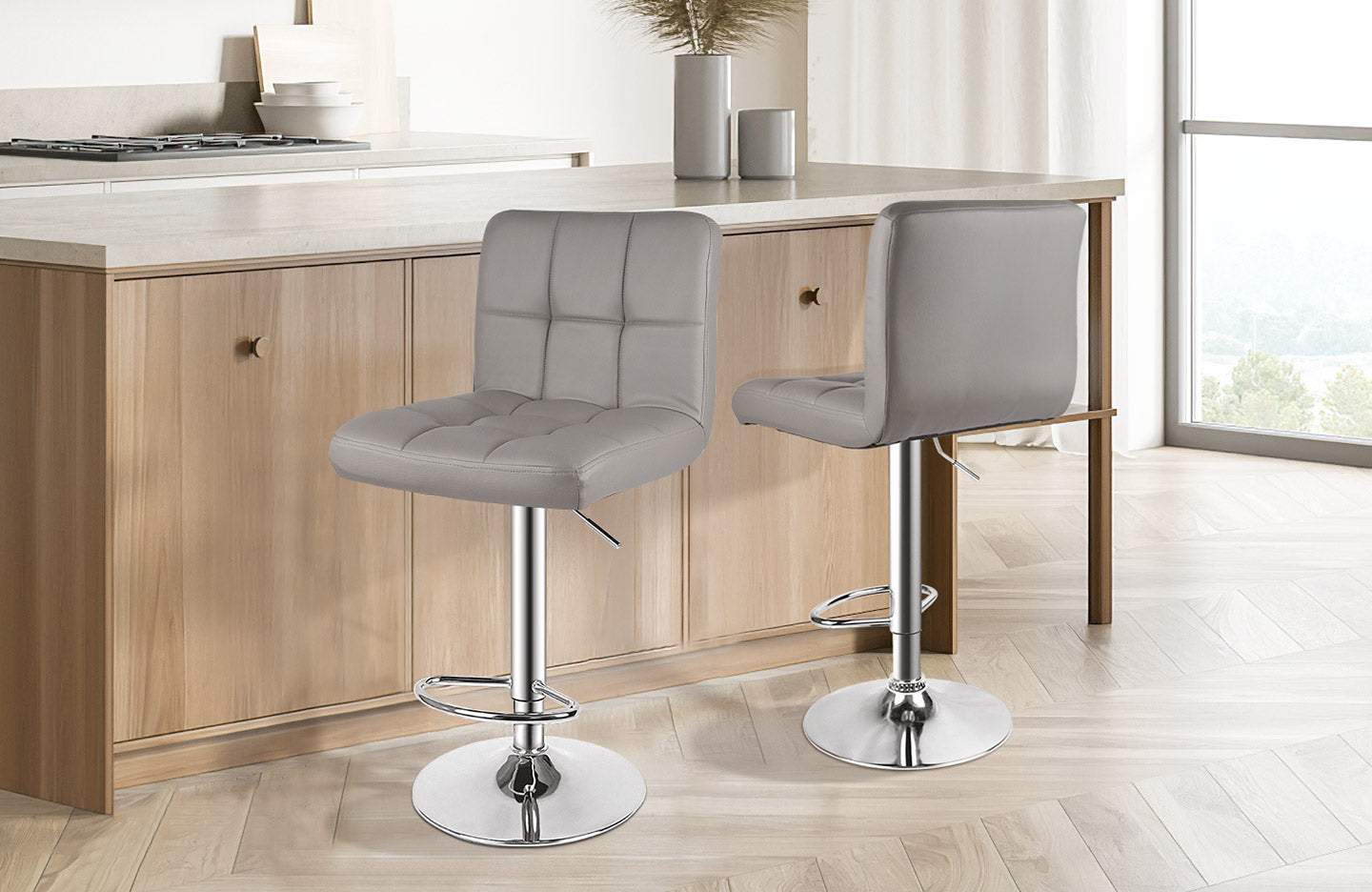 Modern Bar Stool Set of 2 PU Leather Swivel Height Adjustable with Backrest for Breakfast Bar, Kitchen
