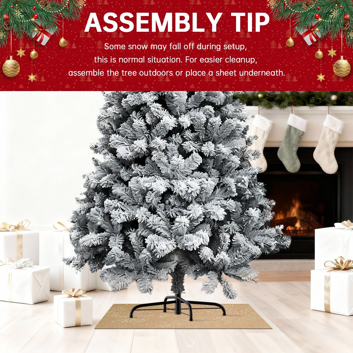 Artificial Christmas Tree Foldable Flocked Trees with Metal Stand Xmas Decoration
