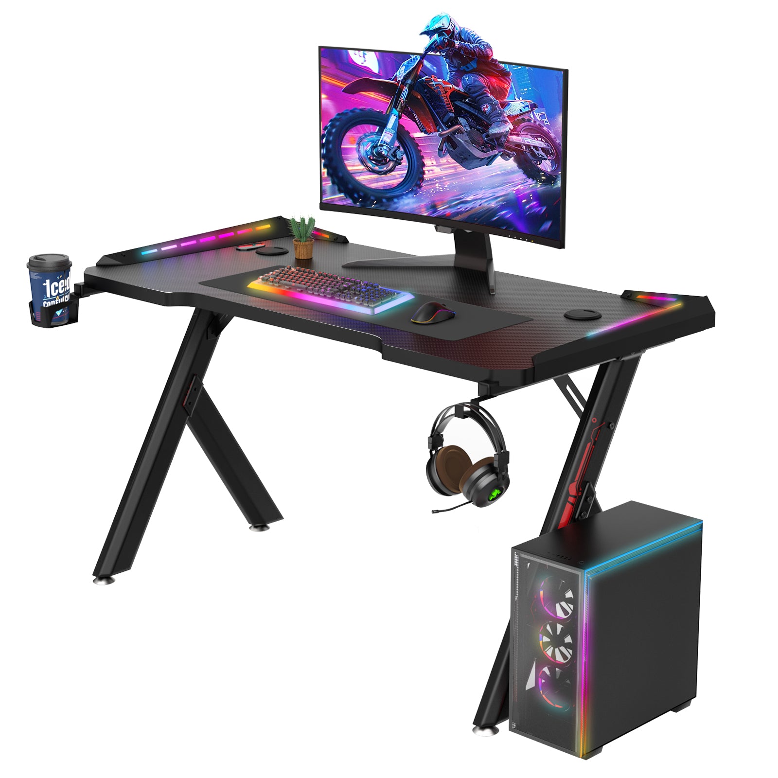 Gaming Desk RGB Lighting Ergonomic Gamer Workstation Computer Desk with Cup Holder Headphone Hook, 120x60cm