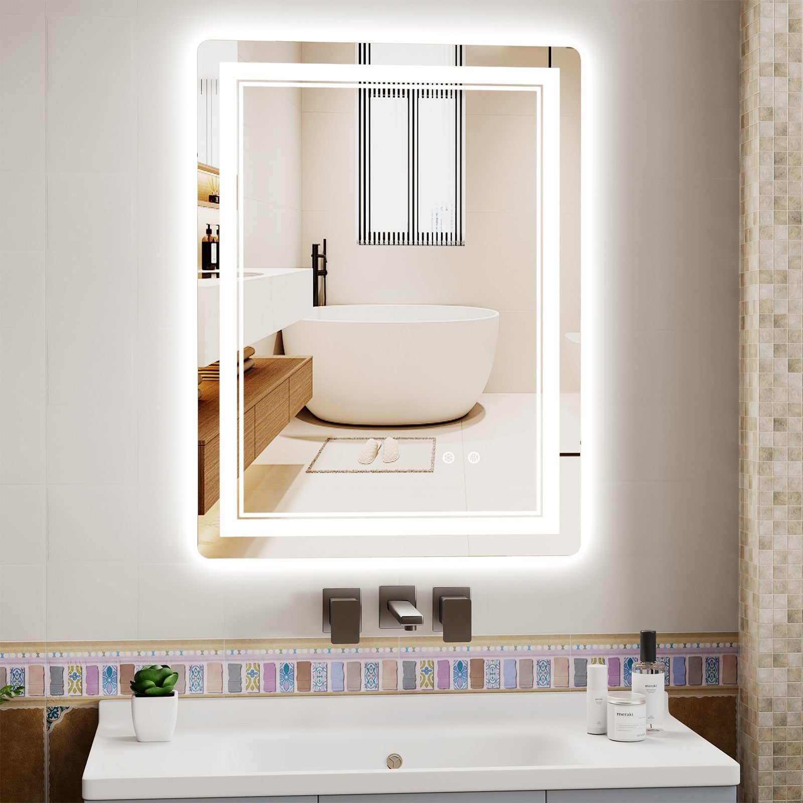 LED Bathroom Mirror with Anti-Fog, 3-Color Dimmable Lights, Memory Function, Horizontal/Vertical