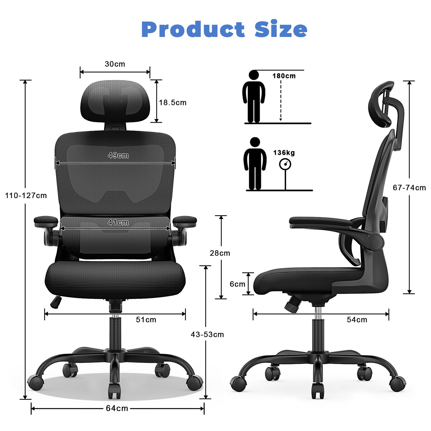Office Chair Ergonomic Desk Chair, Executive Swivel Computer Chair with Padded Seat Cushion for Home/Office, Max Load 150kg