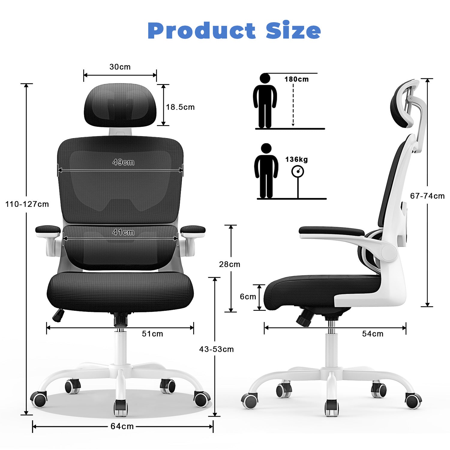 Office Chair Ergonomic Desk Chair, Executive Swivel Computer Chair with Padded Seat Cushion for Home/Office, Max Load 150kg