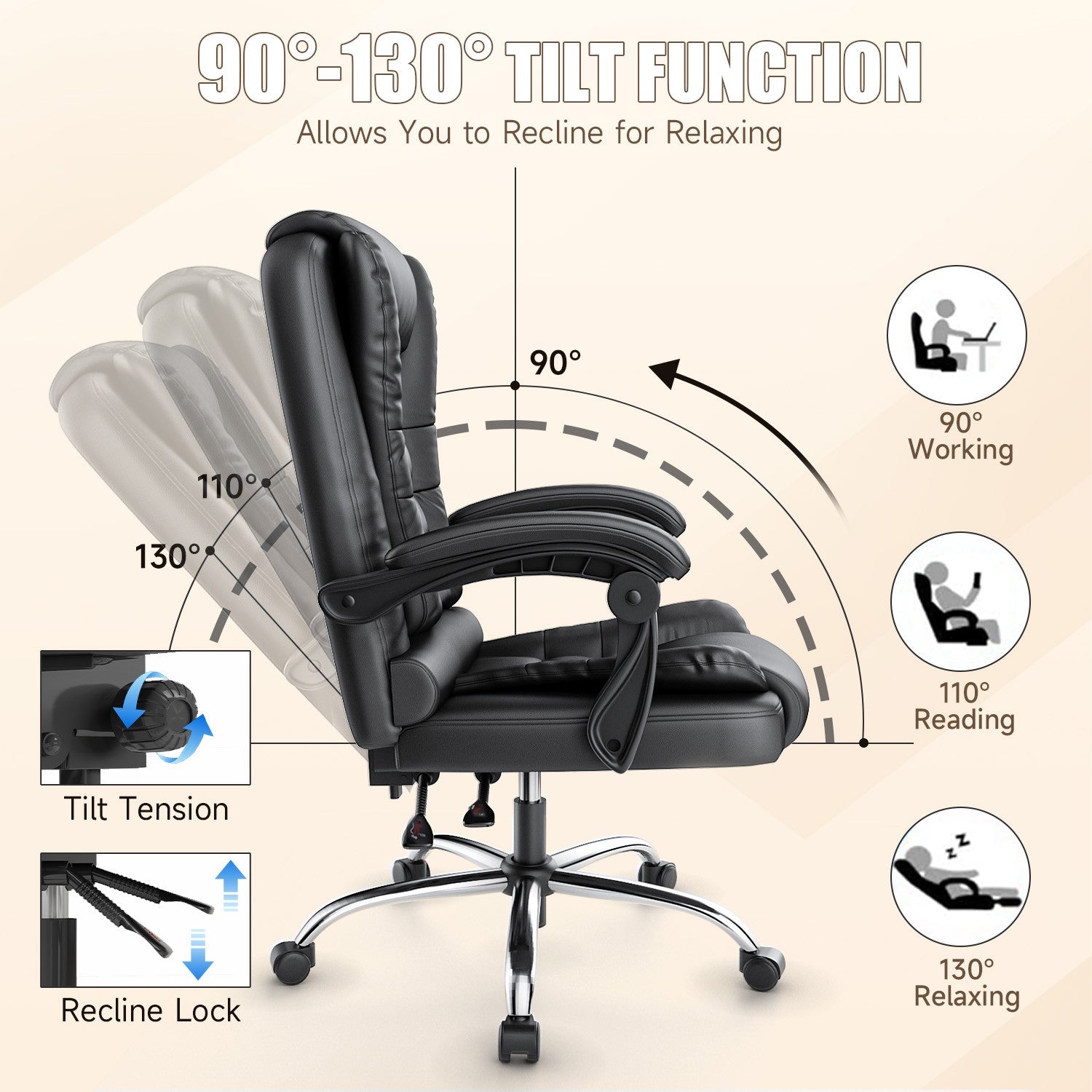 Ergonomic Executive Office Chair PU Leather High Back Computer Desk Chair with Reclining Tilt Function for Home Office Working