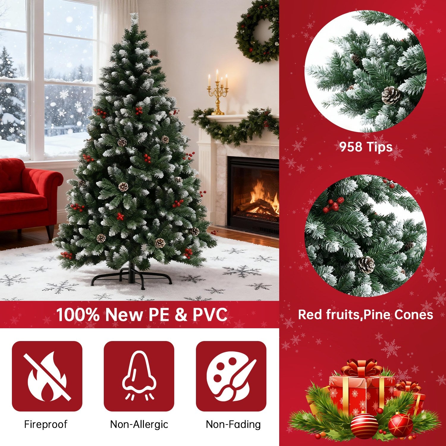 Artificial Christmas Tree Foldable Flocked Trees with Metal Stand Xmas Decoration