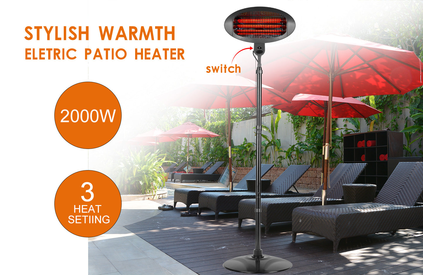 Indoor/Outdoor Freestanding Electric Patio Heater 3 heating modes With Pole 200 cm | 2000 W