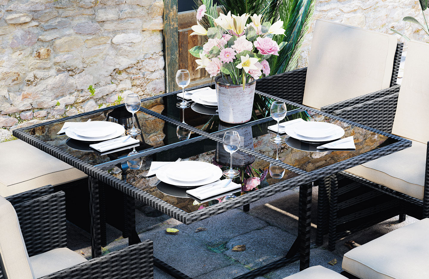 9 Pieces Rattan Garden Furniture Set with 1 Rattan Dining Table and 4 Rattan Chairs