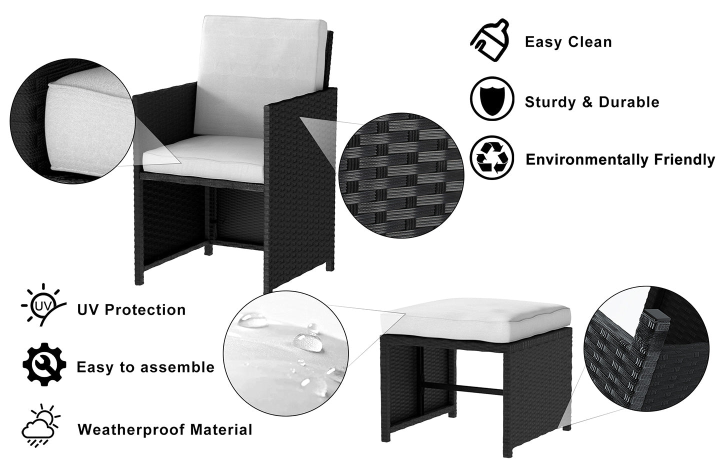 9 Pieces Rattan Garden Furniture Set with 1 Rattan Dining Table and 4 Rattan Chairs