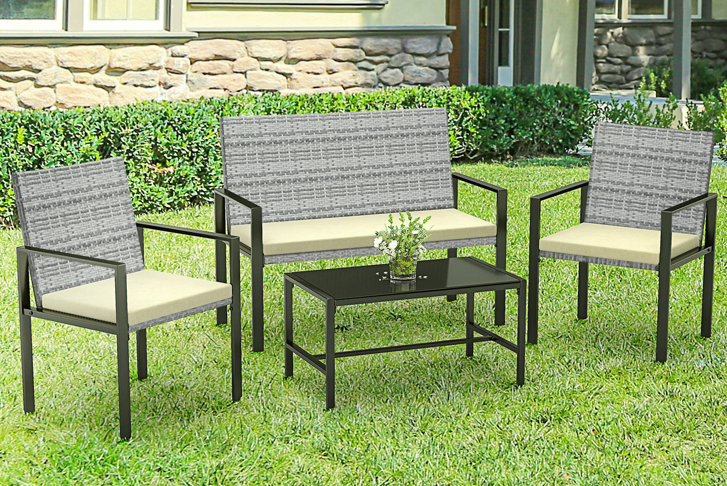 4 Pieces Garden Furniture Rattan Patio Set with 2 Armchairs, 1 Double Seat Sofa and 1 Table