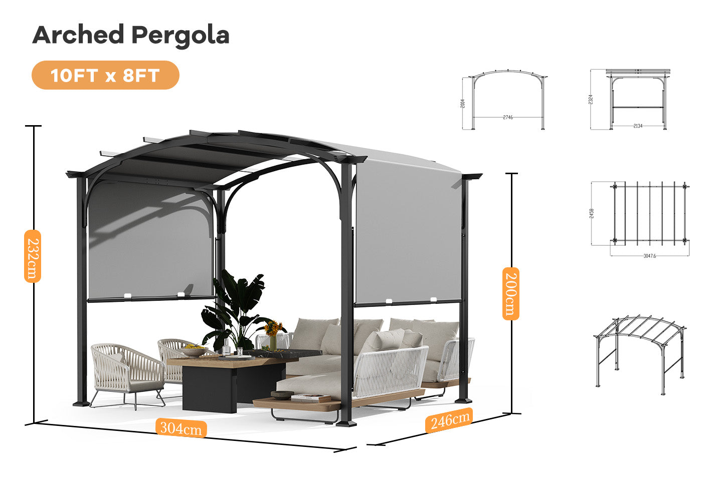 10' x 8' Metal Pergola Retractable Patio Gazebo Canopy Waterproof Sunshade for Outdoor BBQ