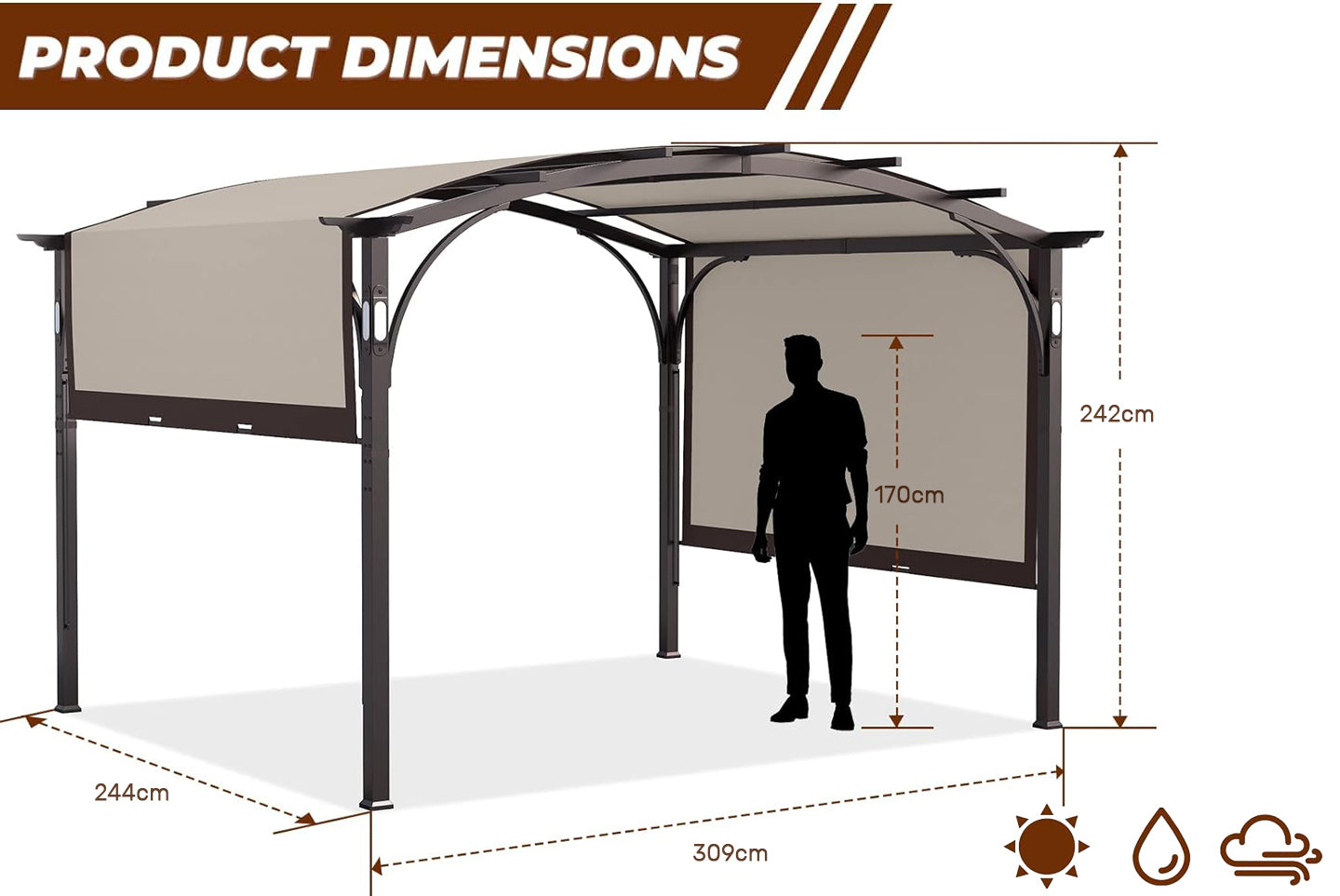 10' x 8' Metal Pergola Retractable Patio Gazebo Canopy Waterproof Sunshade with Bluetooth Speaker LED Light for Outdoor BBQ