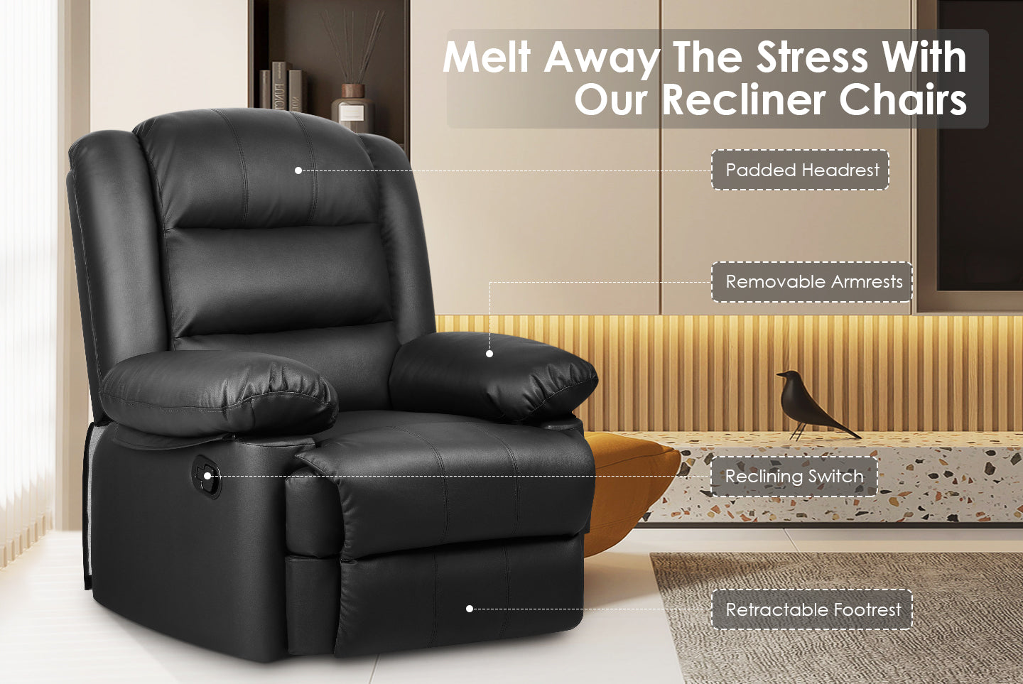 Armchair PU Leather Recliner Chair 110°-160° Manual Reclining Sofa with Padded Backrest Seat Retractable Footrest