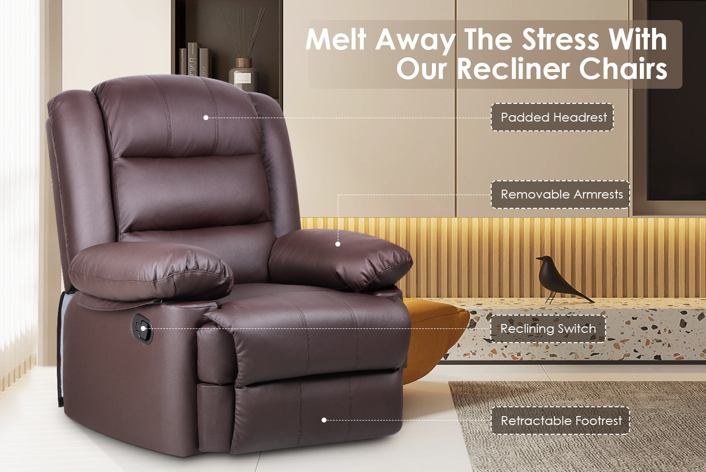 Armchair PU Leather Recliner Chair 110°-160° Manual Reclining Sofa with Padded Backrest Seat Retractable Footrest