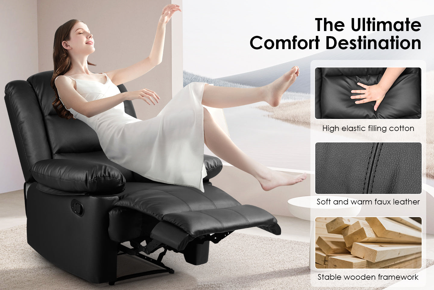 Armchair PU Leather Recliner Chair 110°-160° Manual Reclining Sofa with Padded Backrest Seat Retractable Footrest