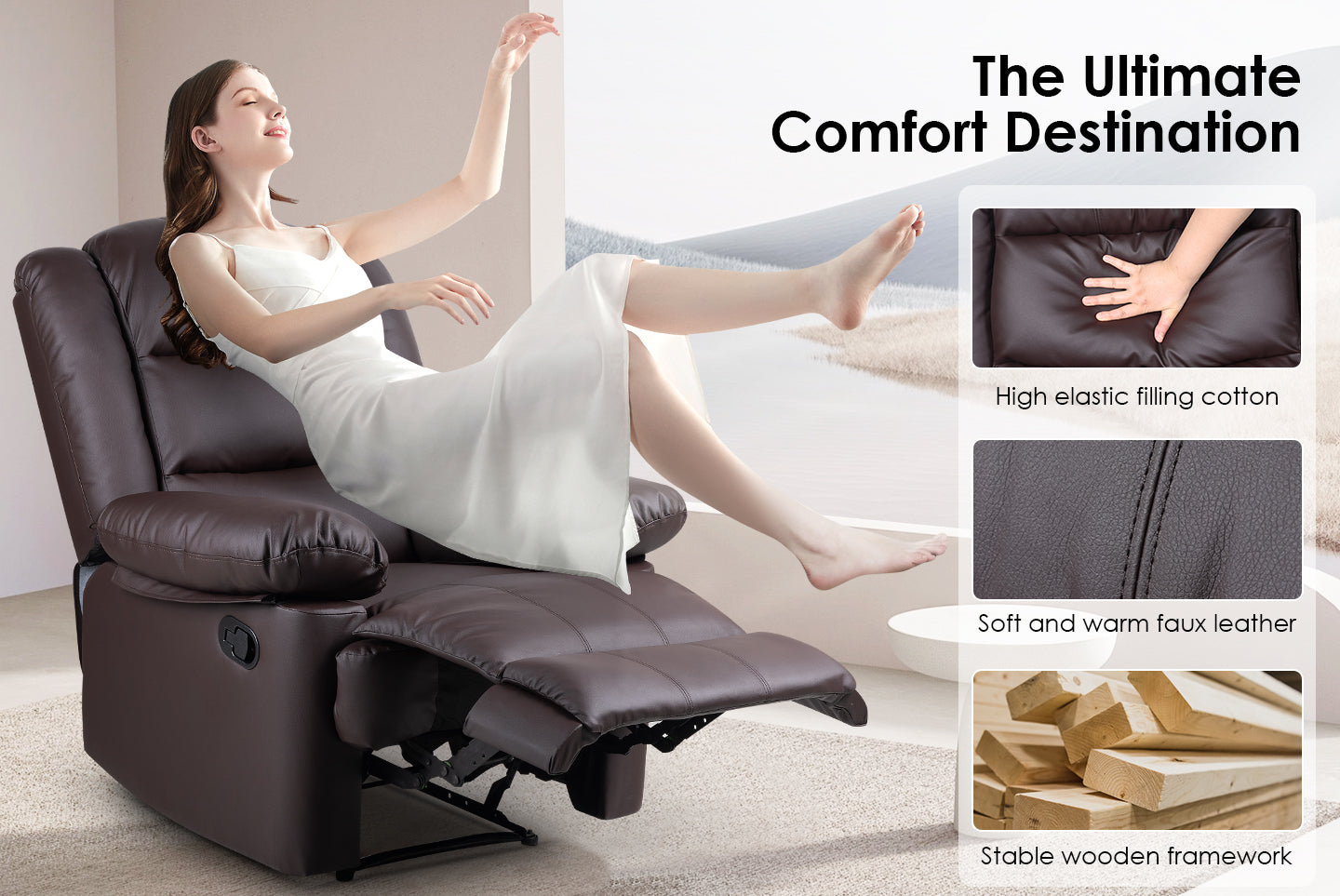 Armchair PU Leather Recliner Chair 110°-160° Manual Reclining Sofa with Padded Backrest Seat Retractable Footrest
