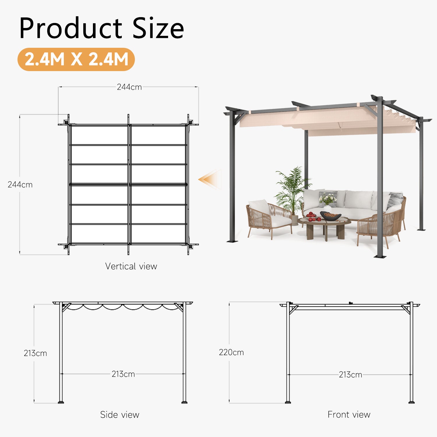 Outdoor Retractable Pergola with Canopy 2.4m/3m for Garden Lawn Patio Gazebo