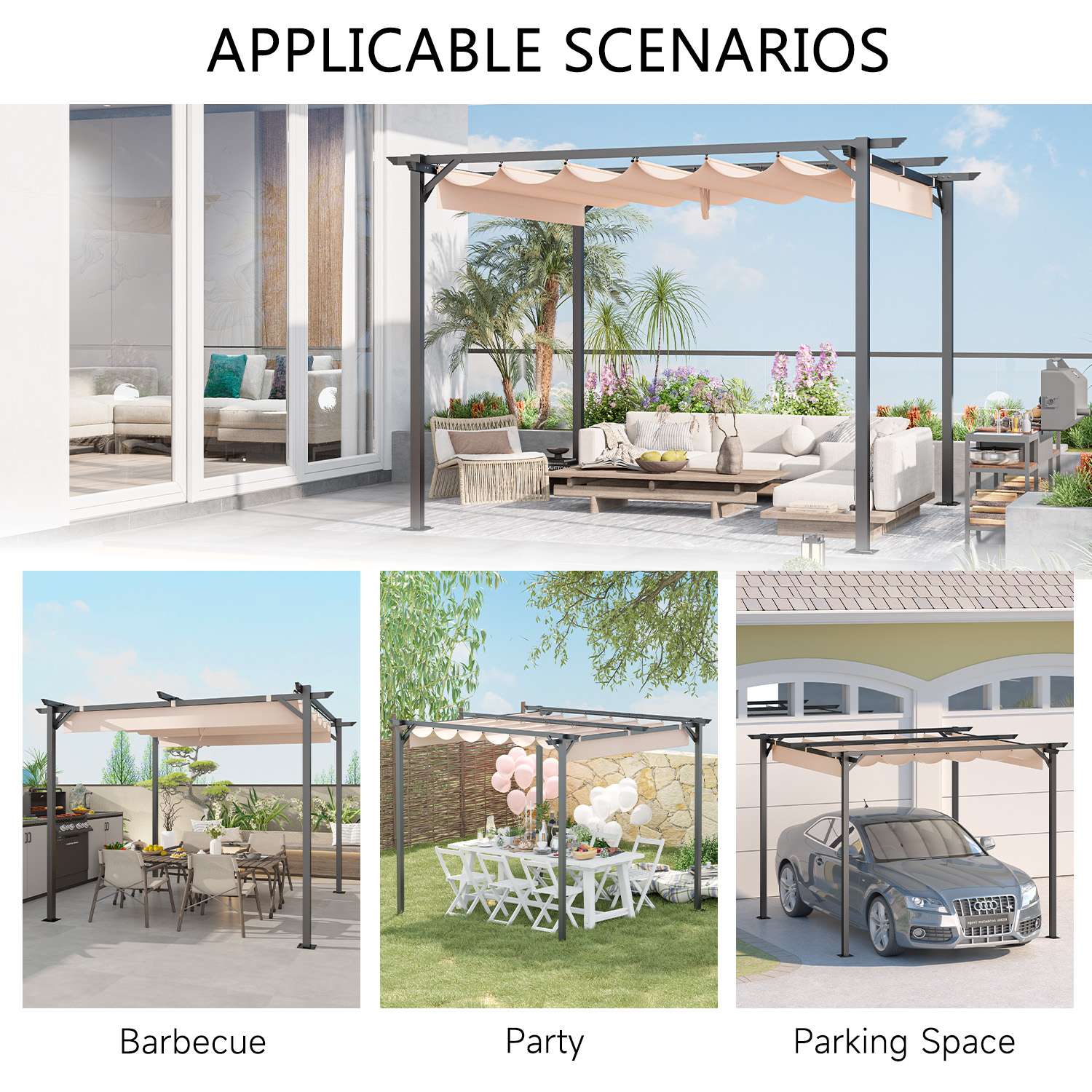 Outdoor Retractable Pergola with Canopy 2.4m/3m for Garden Lawn Patio Gazebo