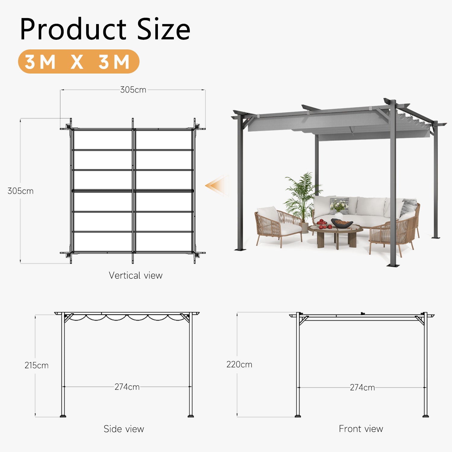 Outdoor Retractable Pergola with Canopy 2.4m/3m for Garden Lawn Patio Gazebo
