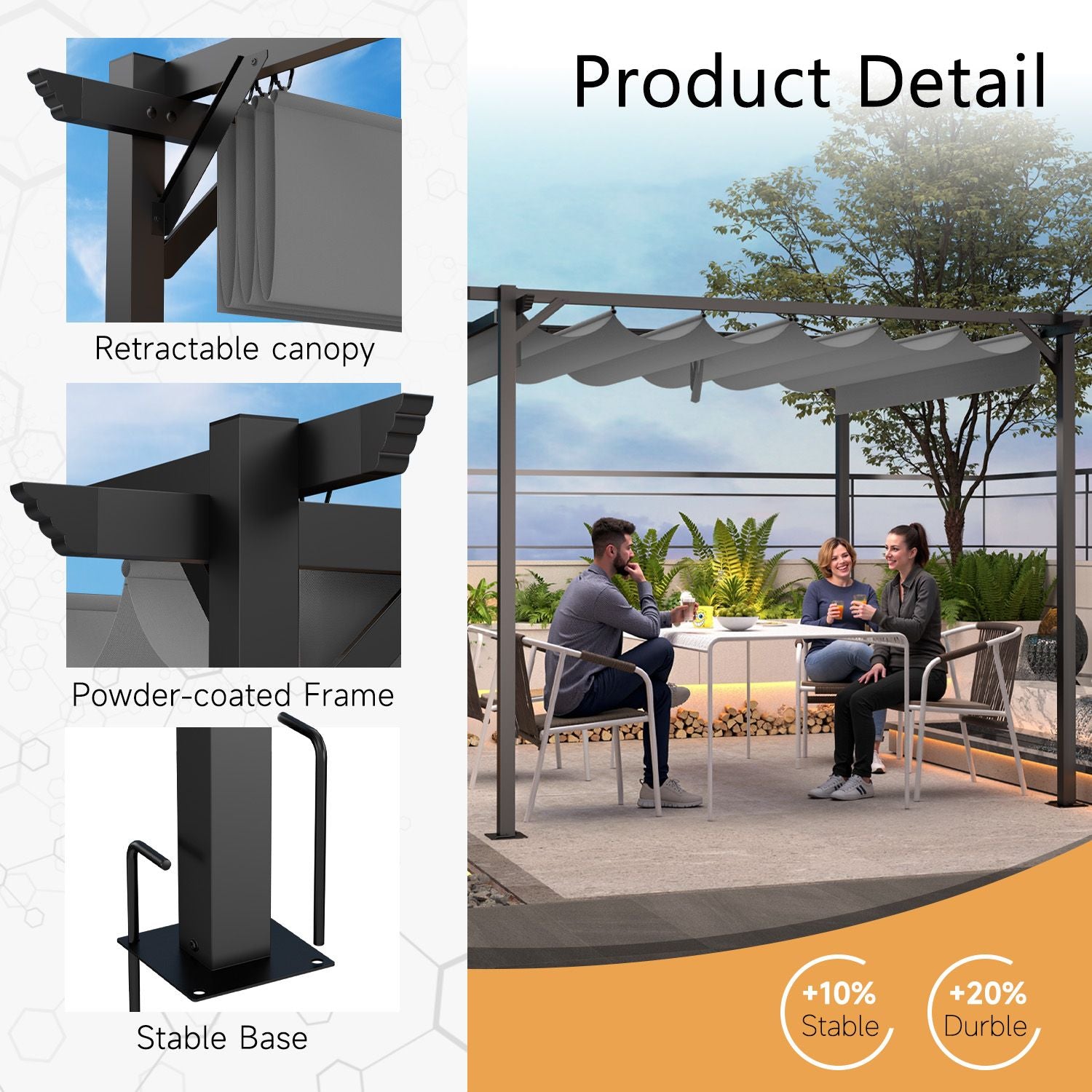 Outdoor Retractable Pergola with Canopy 2.4m/3m for Garden Lawn Patio Gazebo
