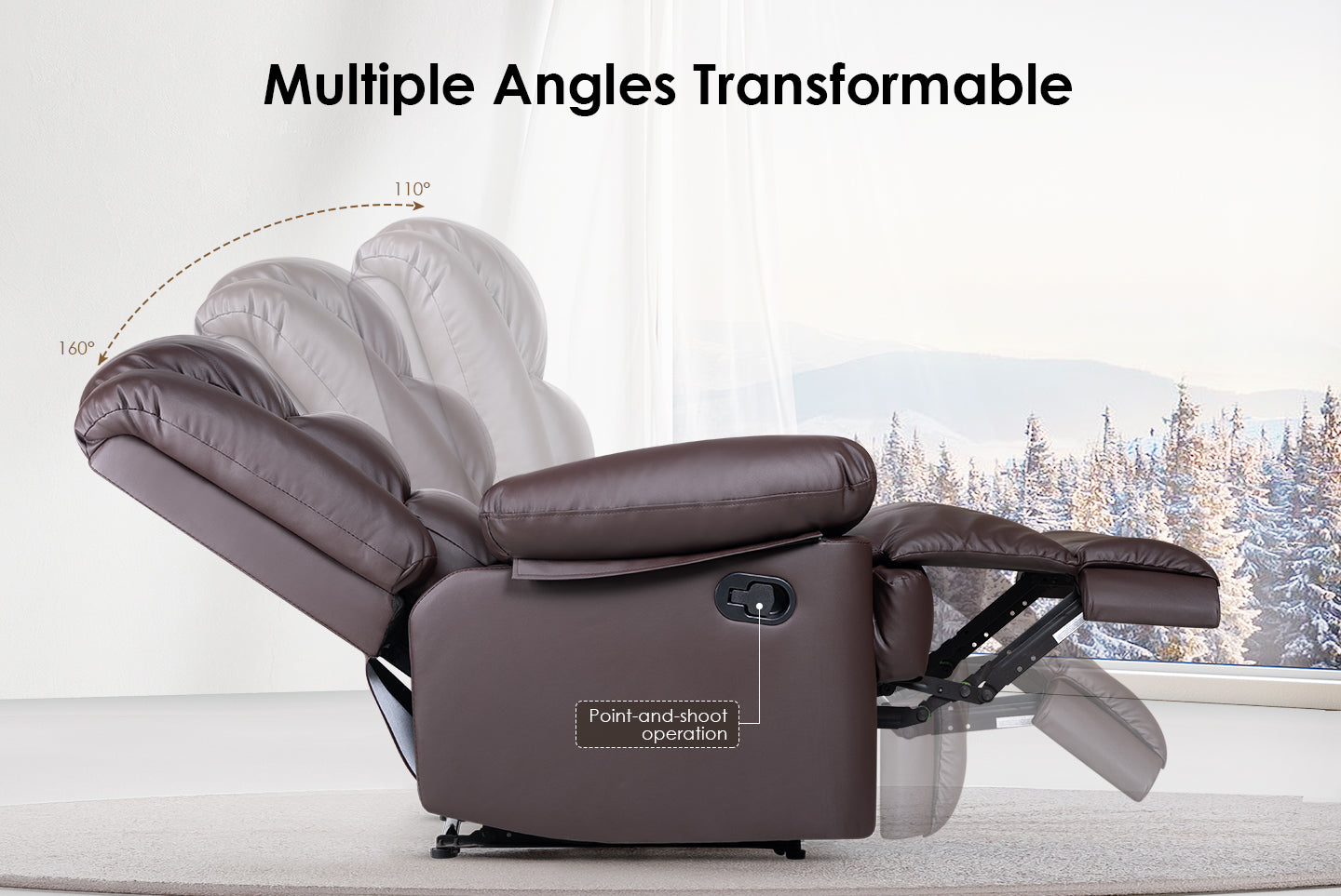 Armchair PU Leather Recliner Chair 110°-160° Manual Reclining Sofa with Padded Backrest Seat Retractable Footrest