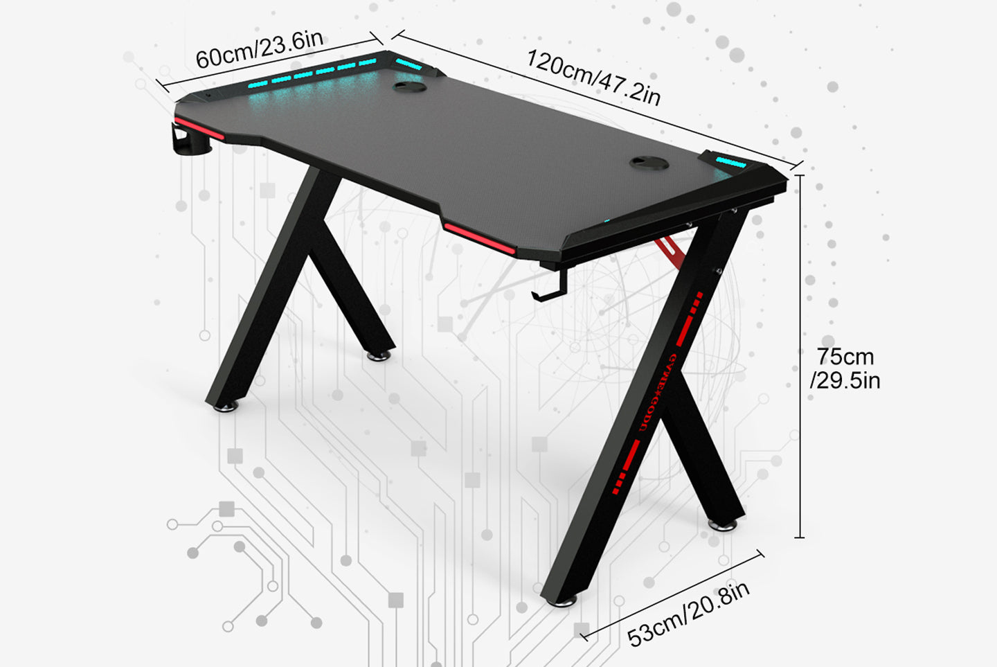 Gaming Desk RGB Lighting Ergonomic Gamer Workstation Computer Desk with Cup Holder Headphone Hook, 120x60cm