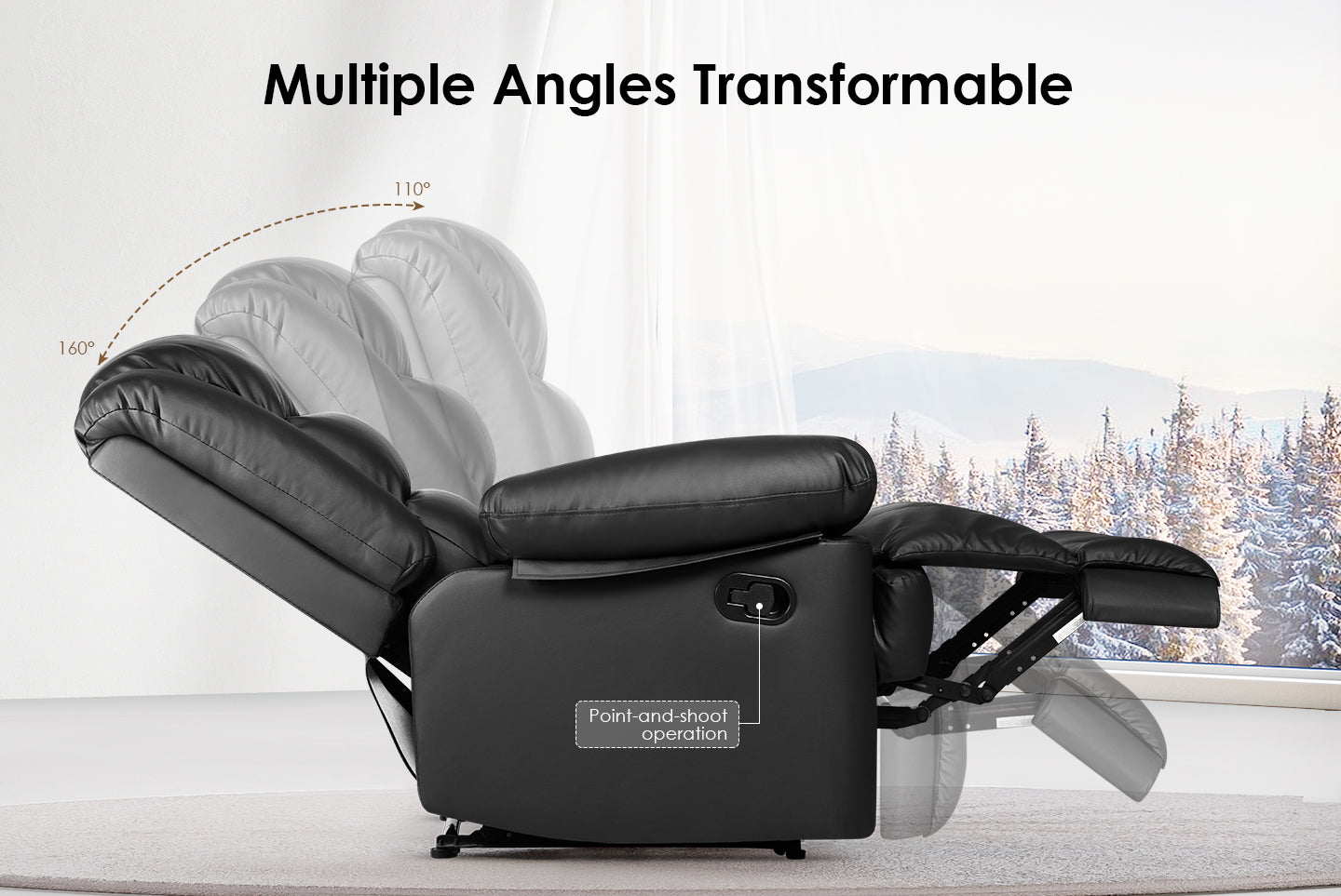 Armchair PU Leather Recliner Chair 110°-160° Manual Reclining Sofa with Padded Backrest Seat Retractable Footrest