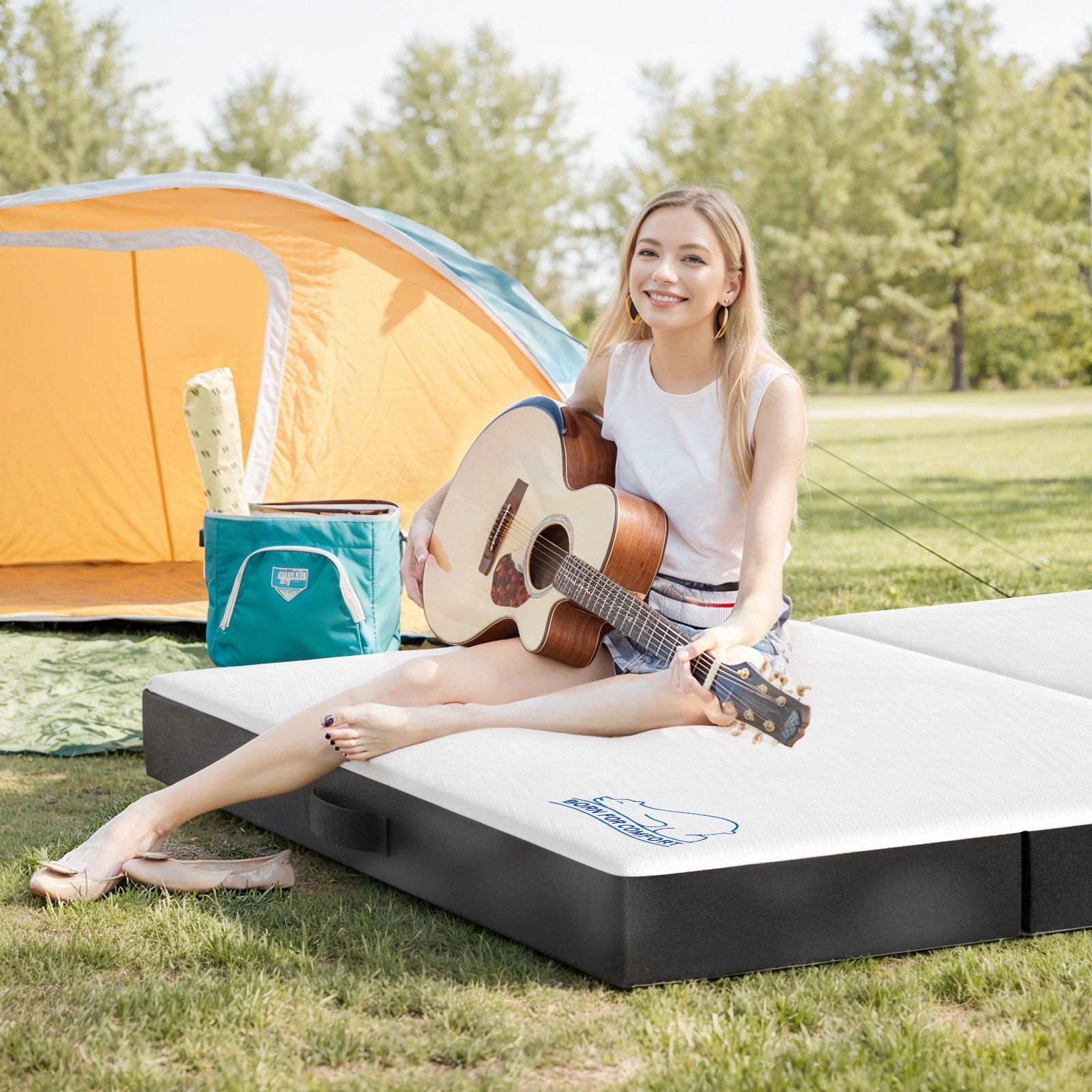 Folding Floor Mattress 4 Fold Memory Foam Mattress Futon Bed with Removable Cover, Grey+White