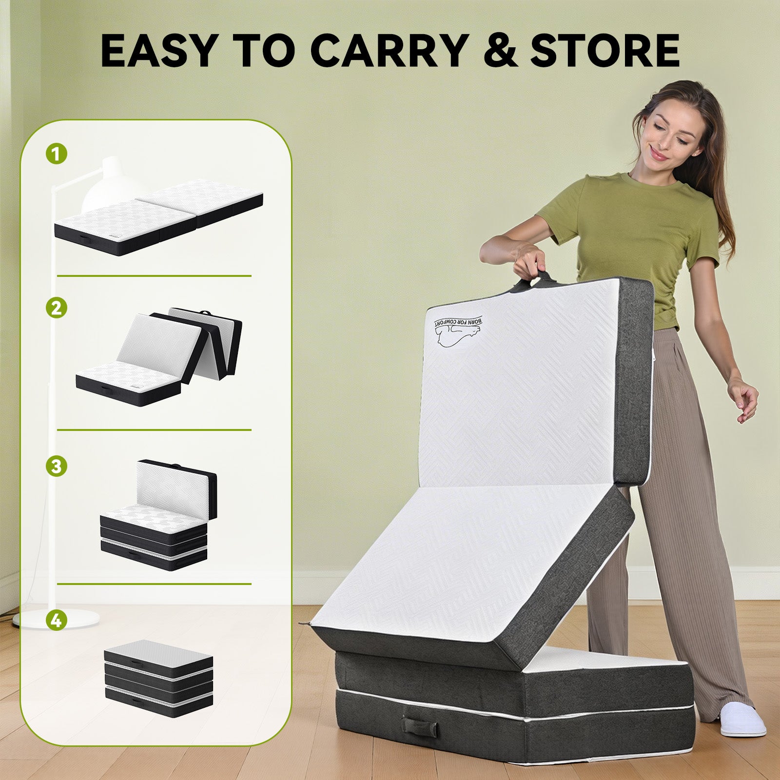 Folding Floor Mattress 4 Fold Memory Foam Mattress Futon Bed with Removable Cover, Grey+White
