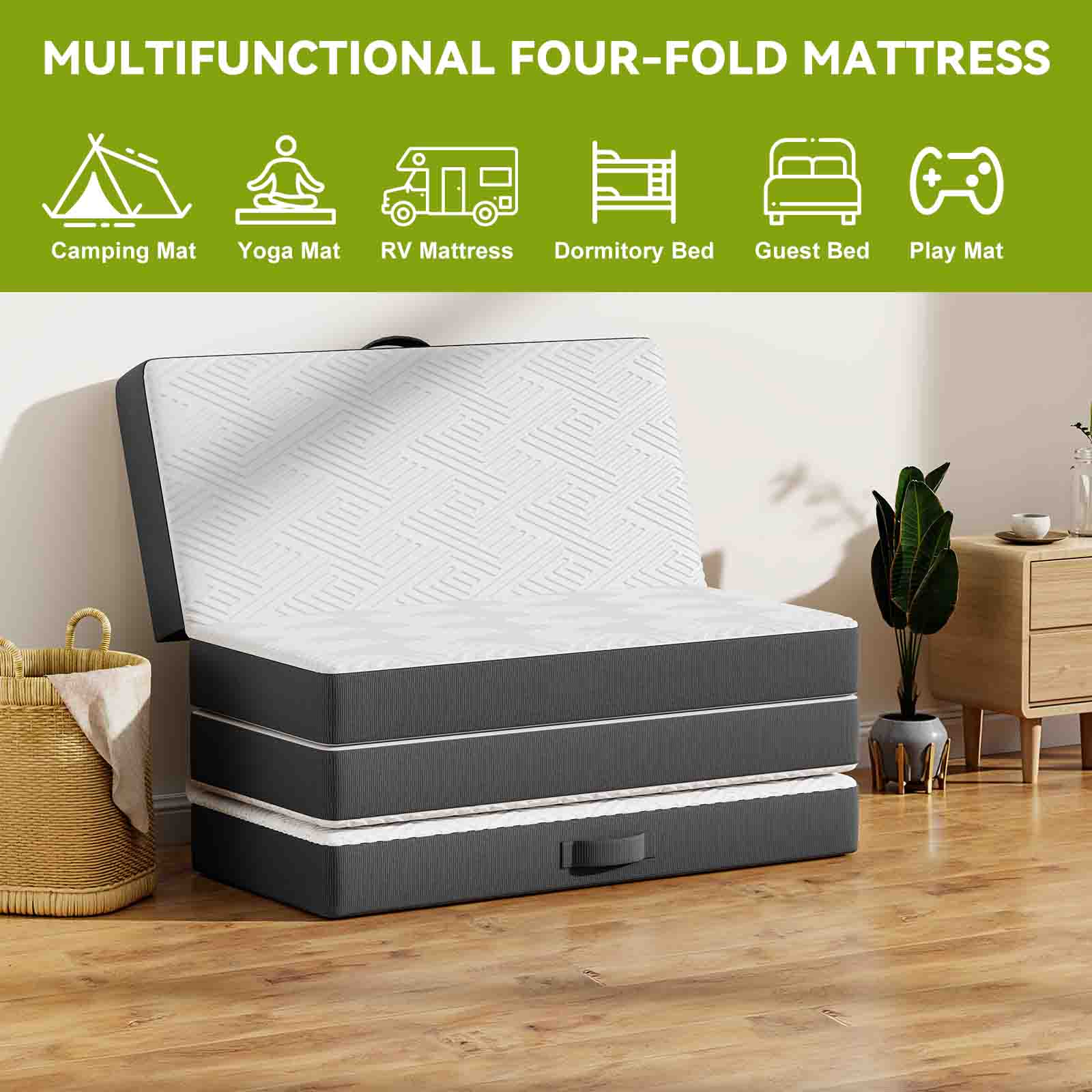 Folding Floor Mattress 4 Fold Memory Foam Mattress Futon Bed with Removable Cover, Grey+White