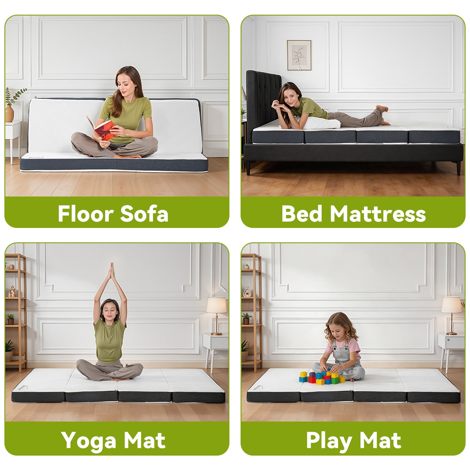 Folding Floor Mattress 4 Fold Memory Foam Mattress Futon Bed with Removable Cover, Grey+White