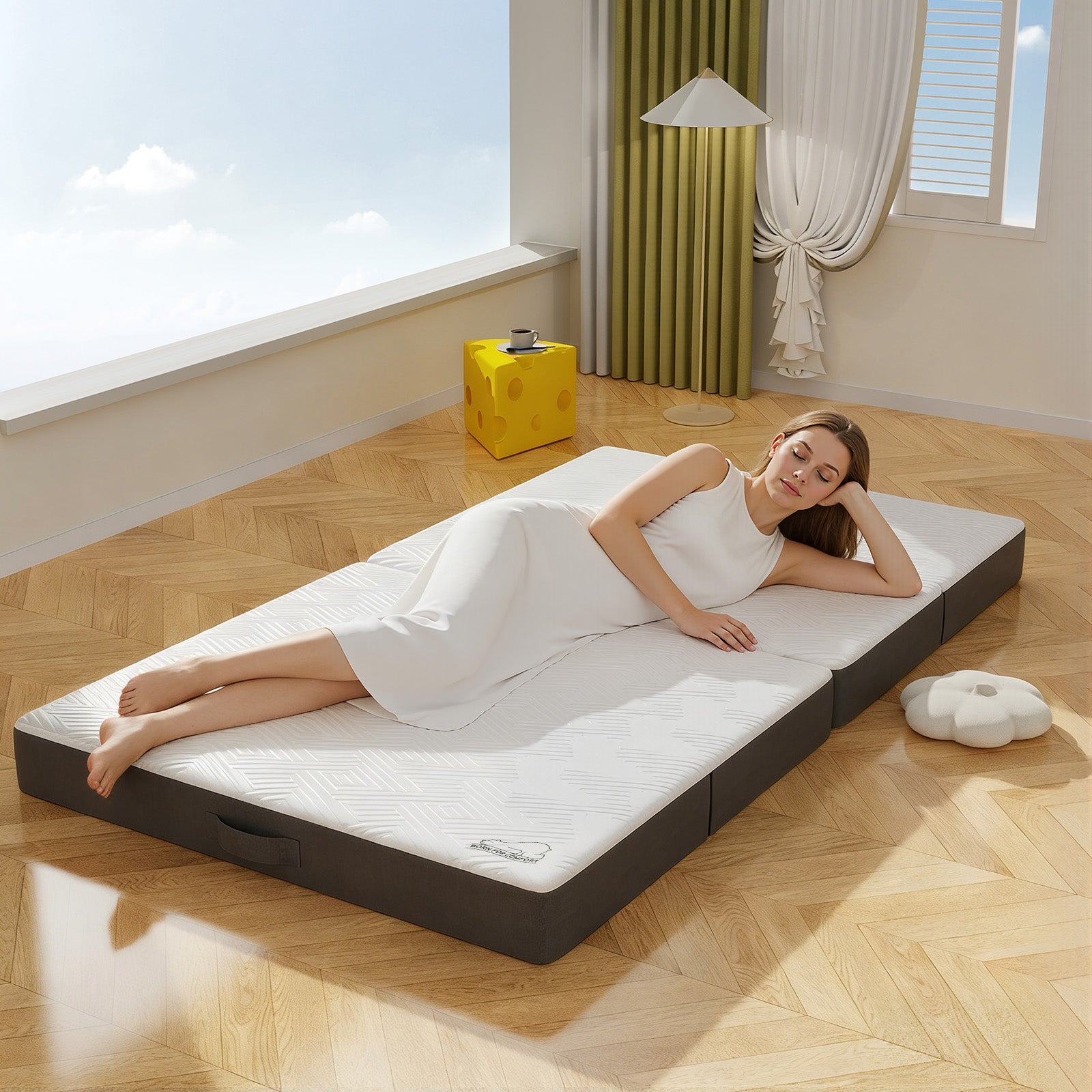 Folding Floor Mattress 4 Fold Memory Foam Mattress Futon Bed with Removable Cover, Grey+White