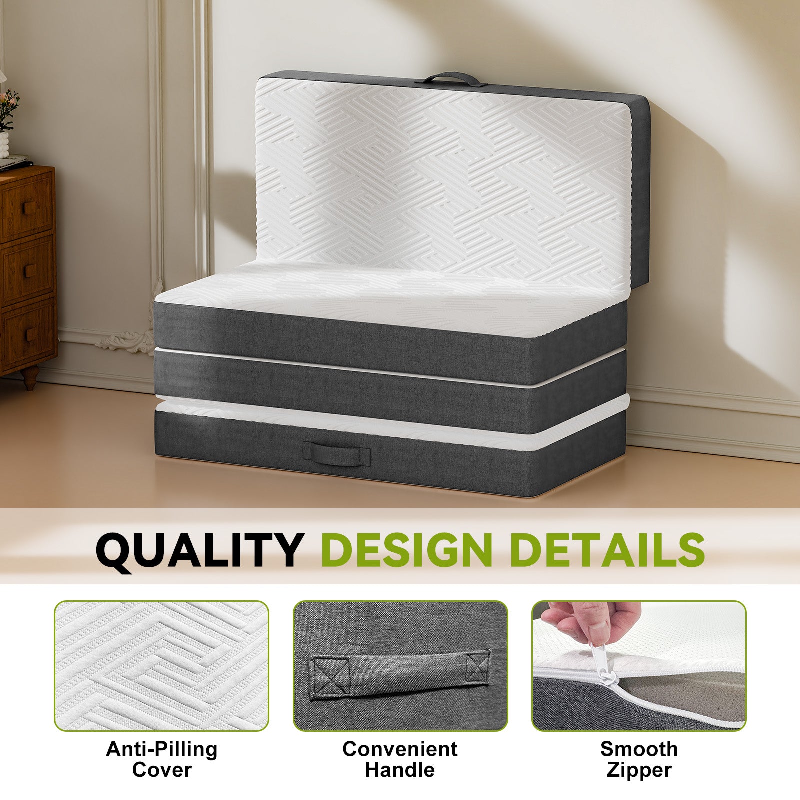Folding Floor Mattress 4 Fold Memory Foam Mattress Futon Bed with Removable Cover, Grey+White