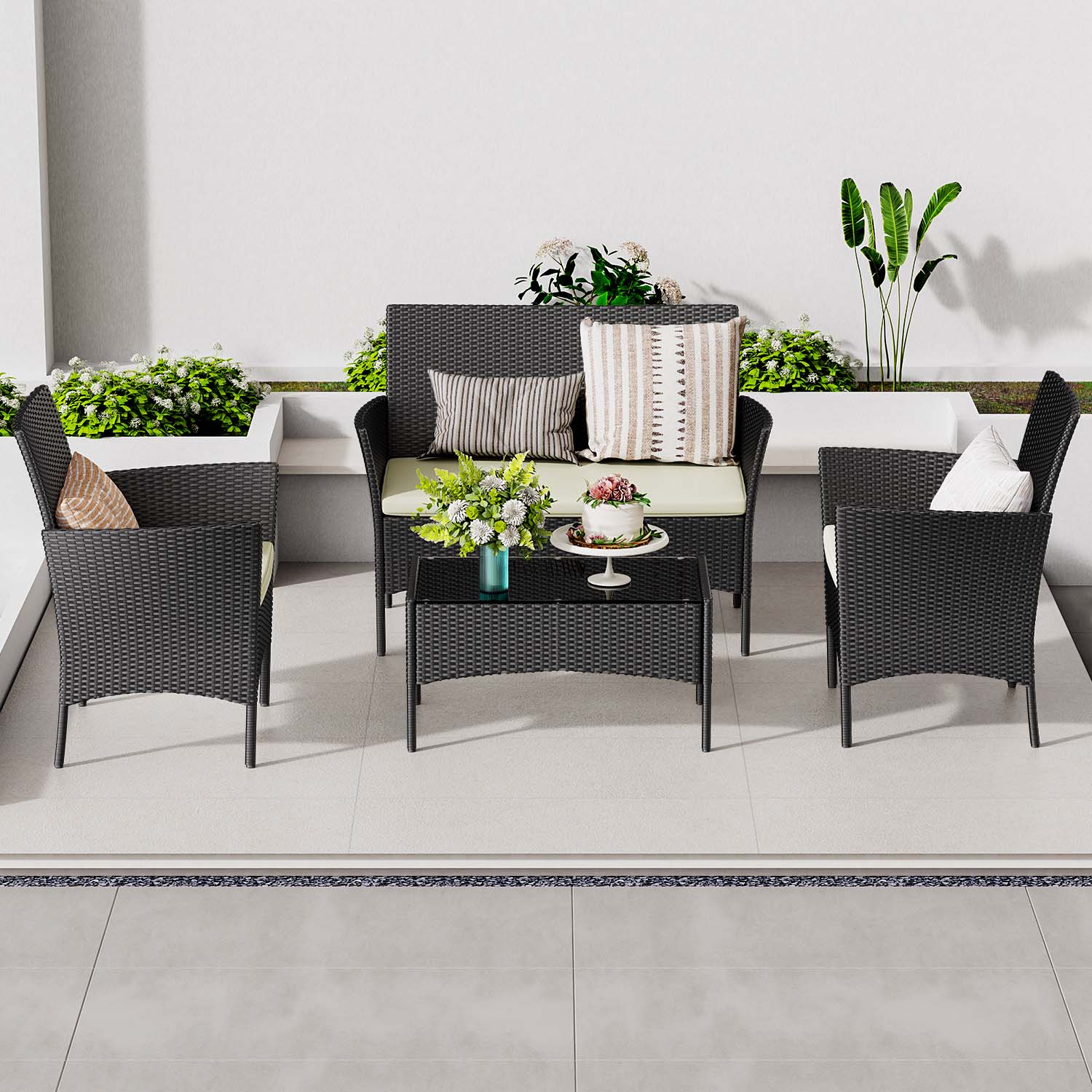 4-Seater Rattan Garden Furniture Patio Conversation Set with 2 Single Chairs, 1 Double Sofa and 1 Table