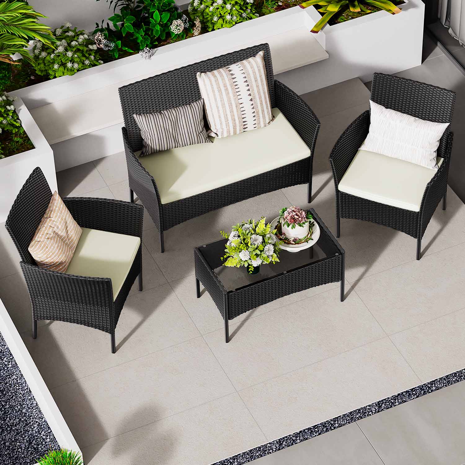 4-Seater Rattan Garden Furniture Patio Conversation Set with 2 Single Chairs, 1 Double Sofa and 1 Table