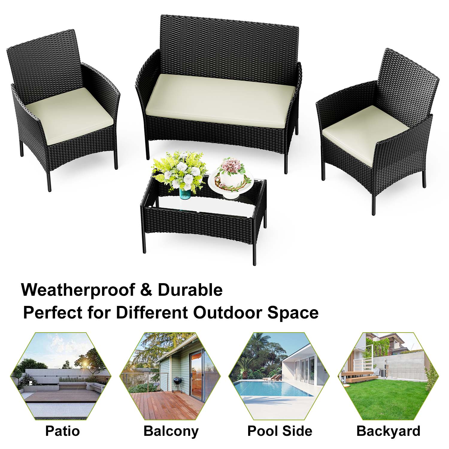 4-Seater Rattan Garden Furniture Patio Conversation Set with 2 Single Chairs, 1 Double Sofa and 1 Table