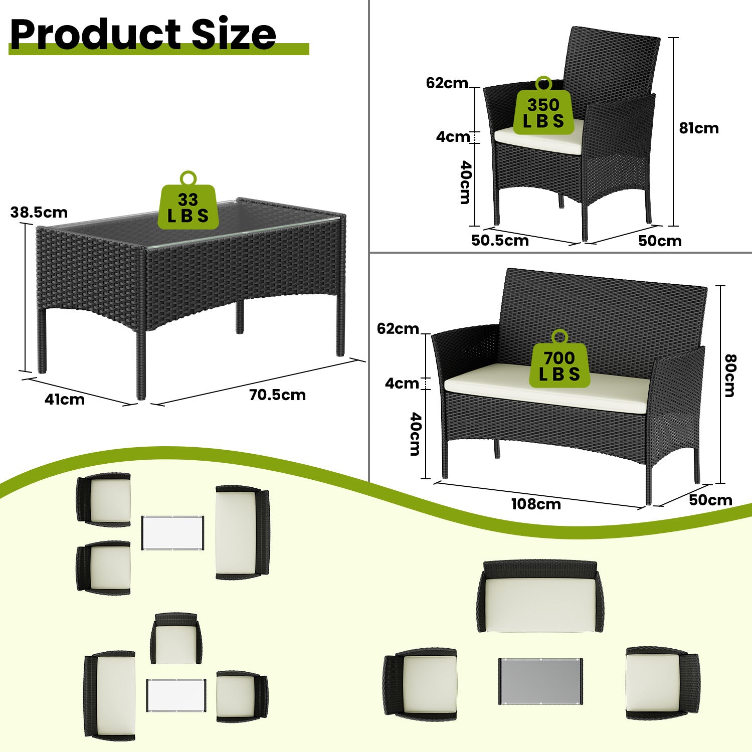 4-Seater Rattan Garden Furniture Patio Conversation Set with 2 Single Chairs, 1 Double Sofa and 1 Table