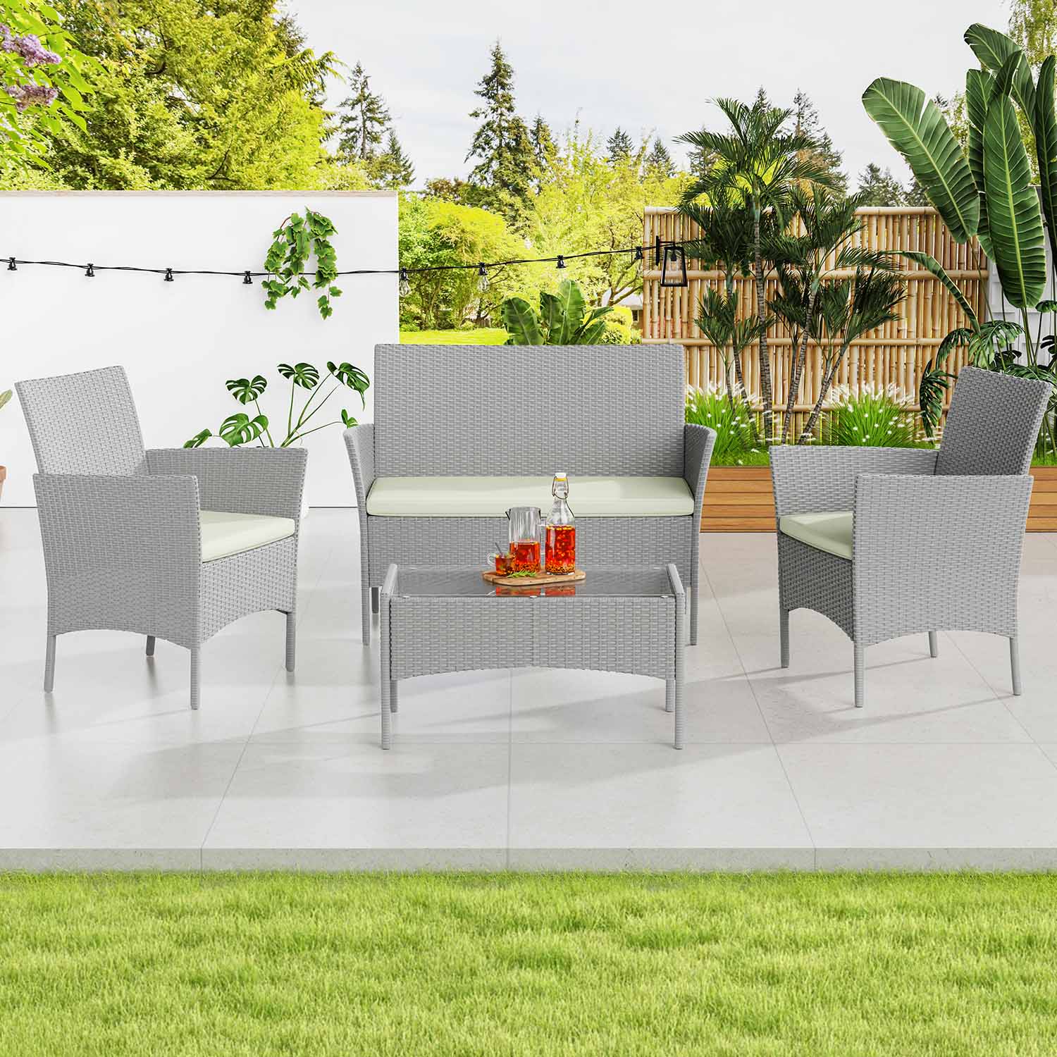 4-Seater Rattan Garden Furniture Patio Conversation Set with 2 Single Chairs, 1 Double Sofa and 1 Table