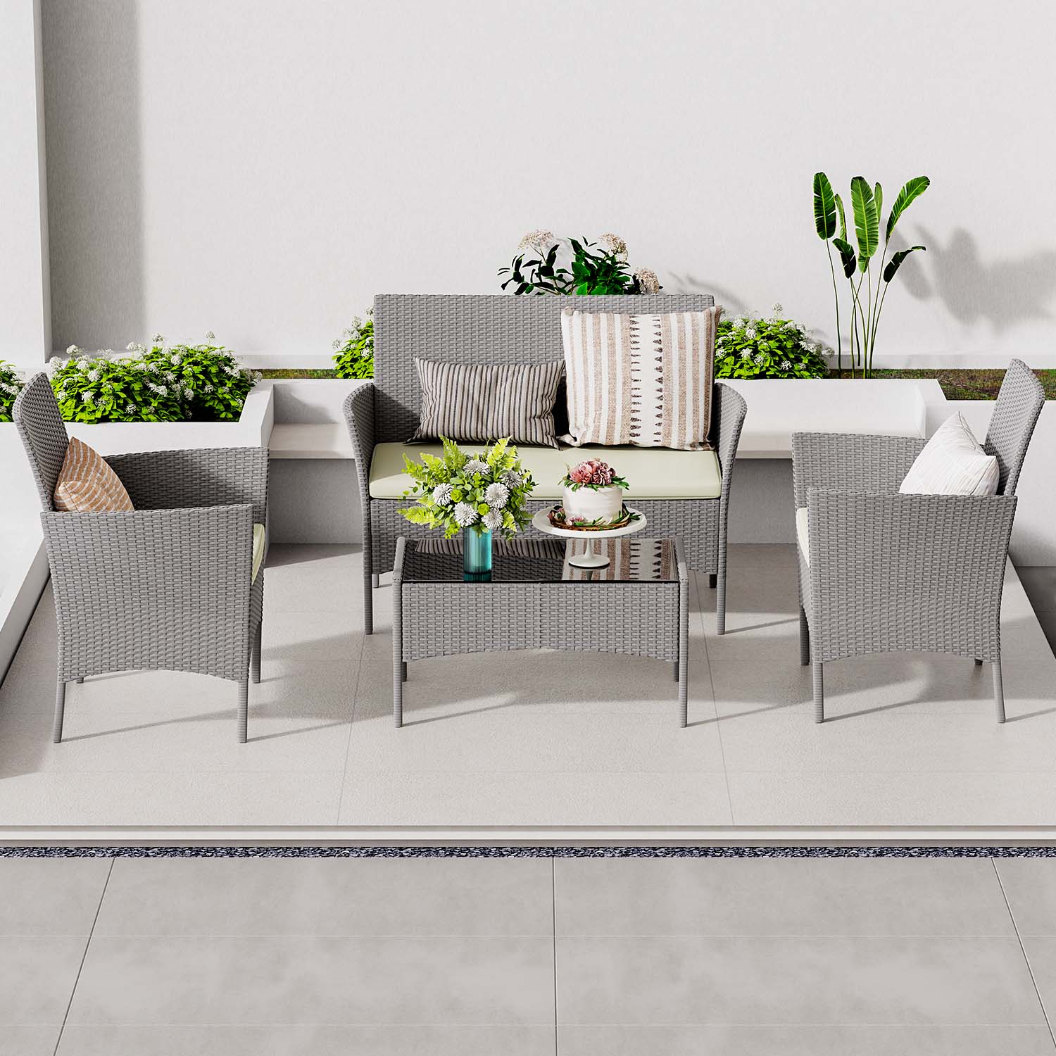 4-Seater Rattan Garden Furniture Patio Conversation Set with 2 Single Chairs, 1 Double Sofa and 1 Table