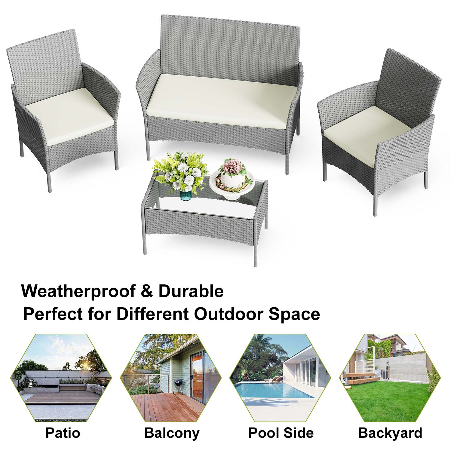 4-Seater Rattan Garden Furniture Patio Conversation Set with 2 Single Chairs, 1 Double Sofa and 1 Table
